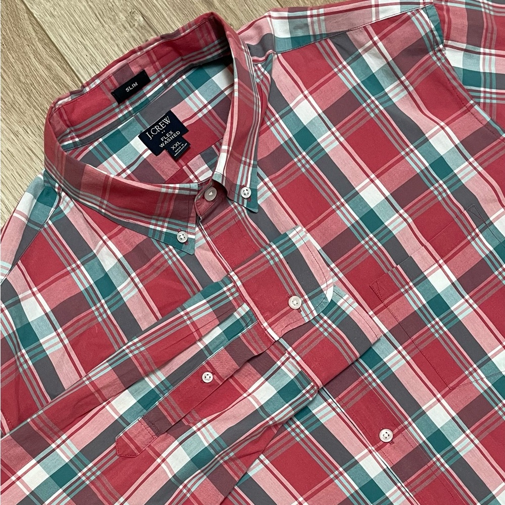 J.Crew Shirt Mens XXL Flex Washed Red Green Plaid Button Down Slim Fit Untucked